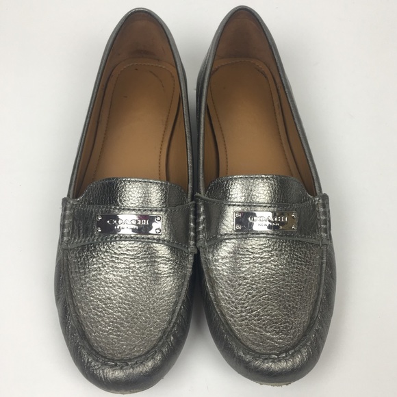 Coach Shoes - Coach Fredrica Pewter Silver Pebbled Loafers 10